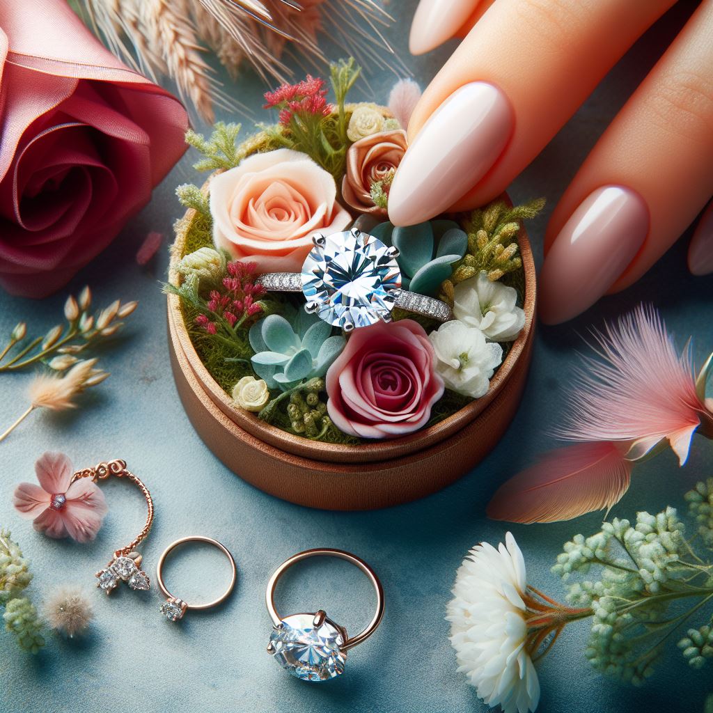 diamond engagement ring in a box surrounded by small artificial flowers