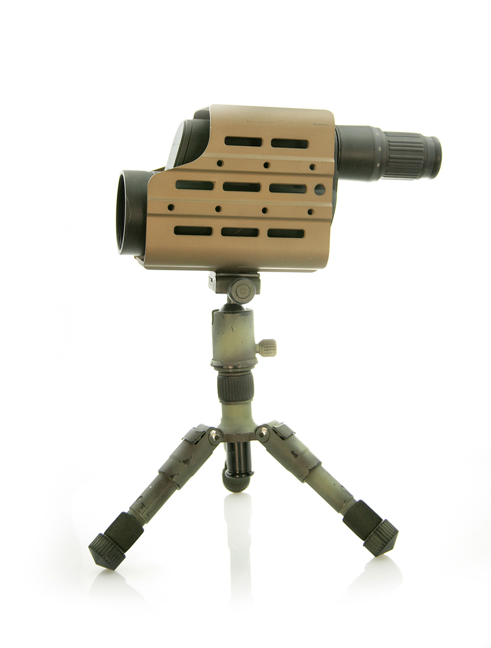 spotting scope held in a case on tripod stand