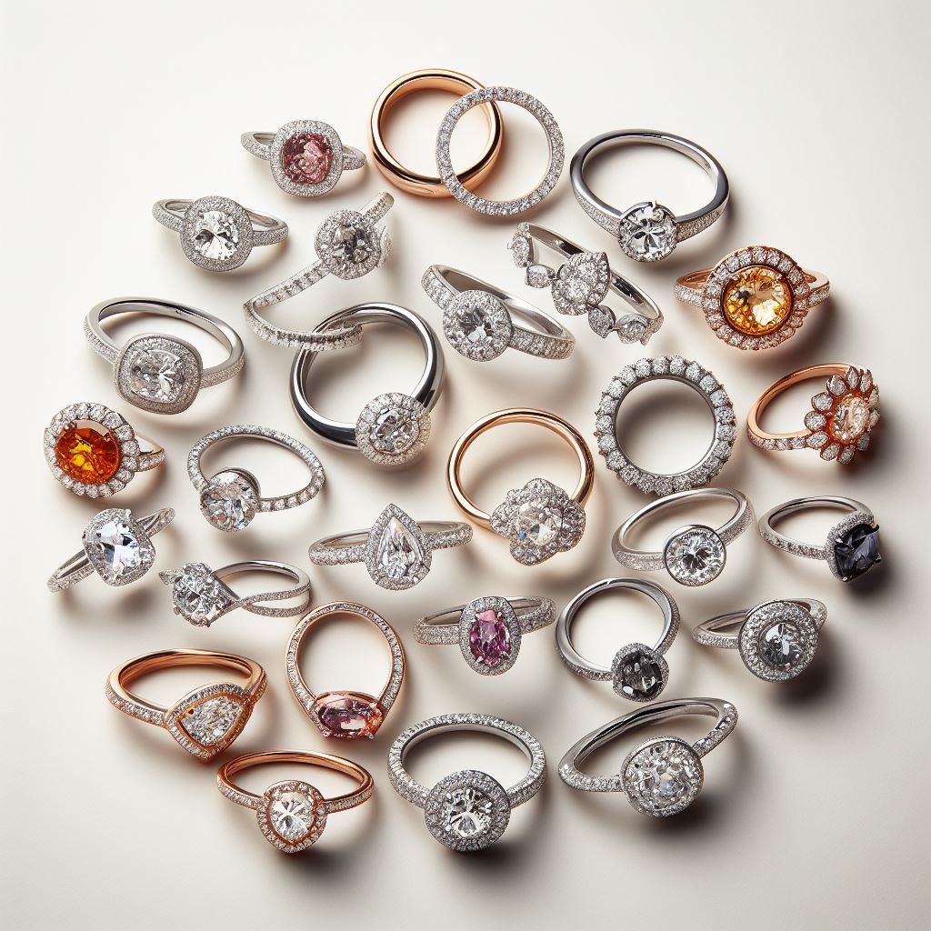 image of various diamond engagement rings in different shapes and styles