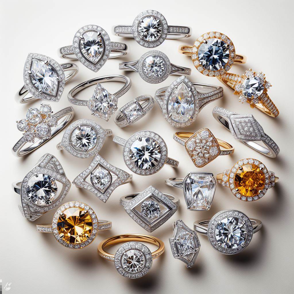 image of various diamond engagement rings in different shapes and styles