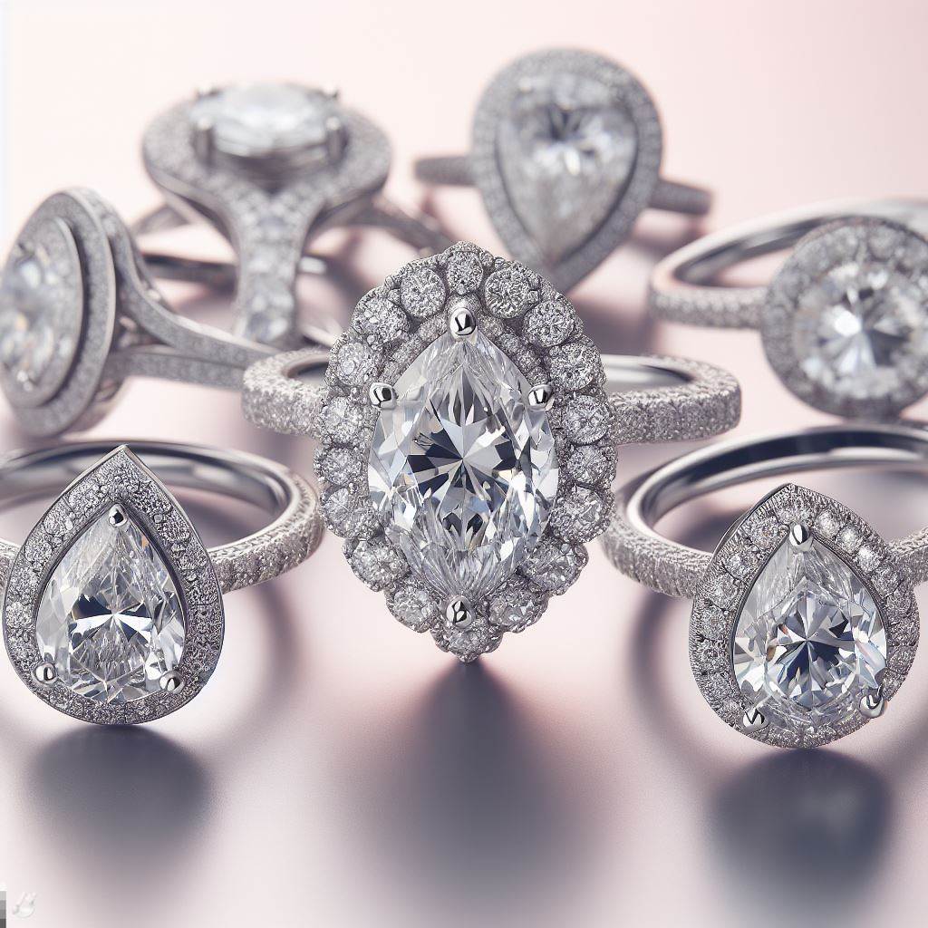 diamond rings in marquise, pear-shaped, pavé and halo settings