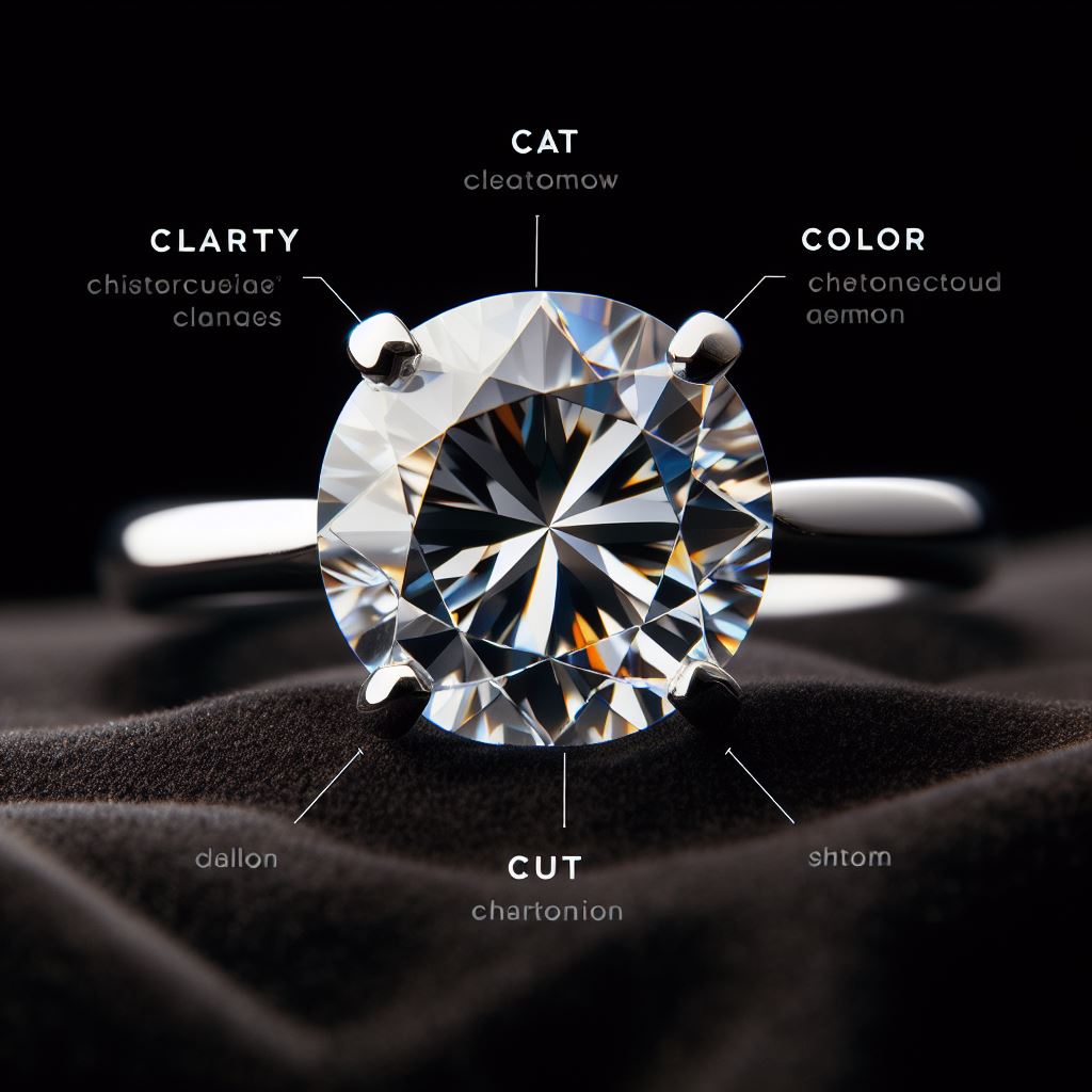 generate an image of a diamond ring elaborating 4 C's of rings