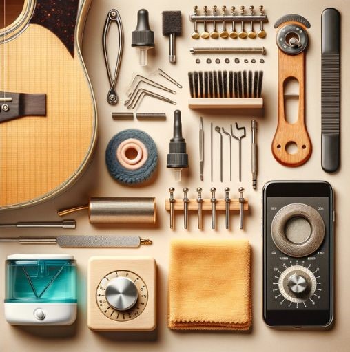 Image of various guitar maintenance tools and accessories, including a string winder, cleaning cloth, tuner, and humidifier, displayed in an organized